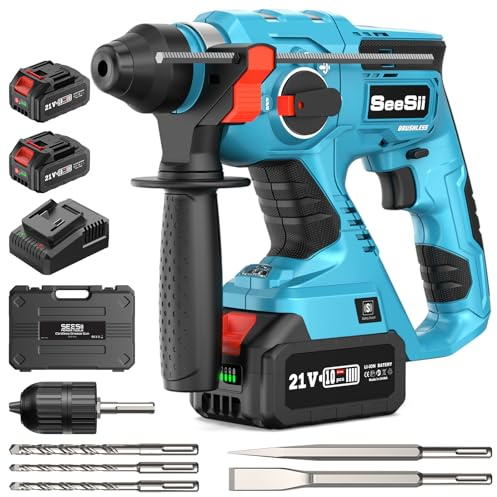 Seesii 4-IN-1 Tassellatore a Batteria: Energia d'impatto 2,1 J, Motore Senza Spazzole, Impugnatura Antivibrante, Trapano a Percussione con 2 * 4,0AH Batterie, 3 Punte SDS-Plus e 2 Scalpelli in Porta