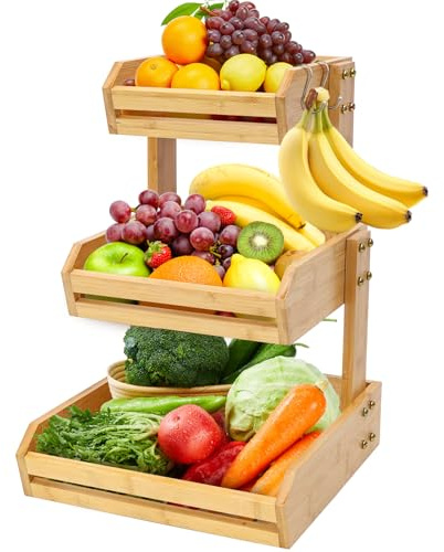 KISENG Bamboo 3 Tier Fruit Basket Stand for Kitchen Counter, Tiered Wooden Large Countertop Vegetable Fruit Holder with Banana Hook, Natural