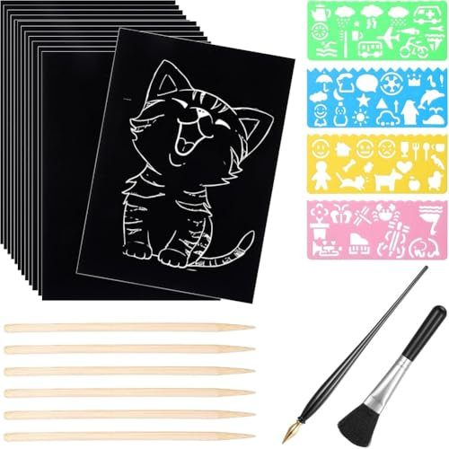 Bumiva Kratzpapier-Kunstset, 50 Blatt, 7,8 X 11,2, Schwarz Beschichtetes Kratzpapier, Kratzpapier für Kinder und Erwachsene