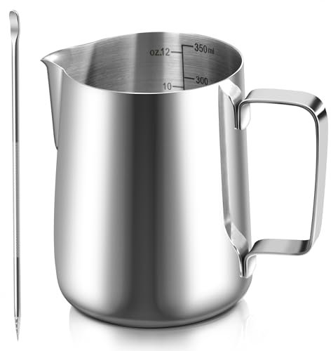 Vonsera Milchkännchen, 350ml Milchkännchen Edelstahl mit Messung Mark, Barista Zubehör, Milchkanne für Cappuccino, Espresso, Latte Art, Kaffeeliebhabe, Silber, 12 FL.oz