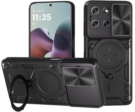 SEAHAI Funda para Motorola Moto G86 5G, [Rugged Armour] Antigolpes Carcasa con Metálico Anillo Magnético Soporte y Cámara Deslizante Proteger, Anti-Caída Silicona Case - Negro