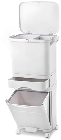 Poubelle de cuisine 42 L à 3 compartiments, grande poubelle de recyclage en plastique, système de tri sélectif, poubelle à pédale avec couvercle et roulettes, pour cuisine, appartement et bureau