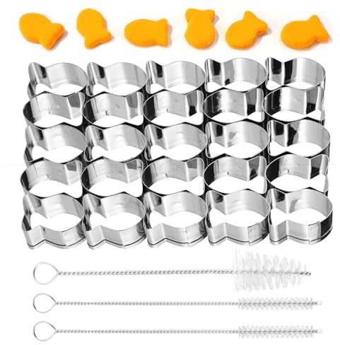 Molde para Galletas Pez Dorado de 25 Cavidades, Mini Molde de Acero Inoxidable con Forma Pez Cortador Masa Antiadherente con Cepillo Limpieza para Hornear Galletas Bocadillos