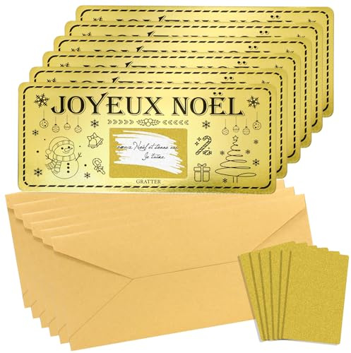 DPKOW 6 Cartes à Gratter de Noël Personnalisables, Carte de Noel à Paillettes Dorées, Cartes Cadeau Joyeux Noël avec Enveloppe Autocollant, Tickets a Gratter de Noel Carte Postale, Cadeau Personnalisé