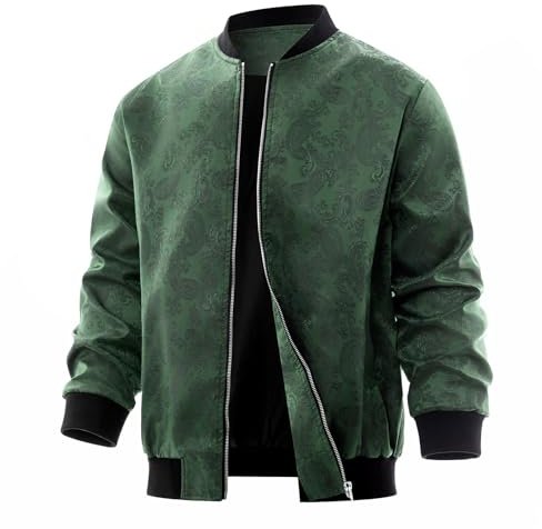 Men's Paisley Satin Bomber Jacket Flight Jakcet- Retro Pattern Lightweight Bomber Jacket with Pockets for Spring Fall Summer Evening Casual Outfits 70s Rave Disco Coat Holiday Windbreaker Green L