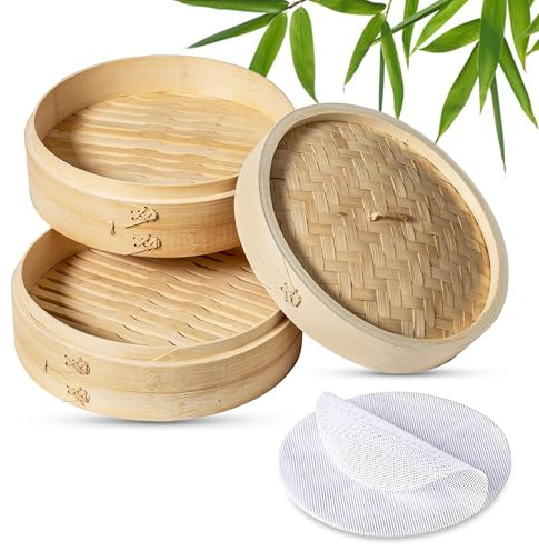 Bamboo Steamer 2 Tier with Lid (20×20×15cm) Premium Wooden Basket for Dumplings, Dim Sum, Vegetables & Seafood | Durable Natural Dumpling