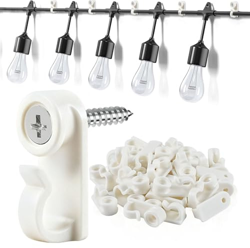 50 Pack Hooks for Outdoor Christmas String Lights & Indoor Decor, Weatherproof String Light Clips for Gutter, Fence, Pergola, Patio, Railing, Hanging hor Fairy Lights, Wind Chimes, Plants-(White)