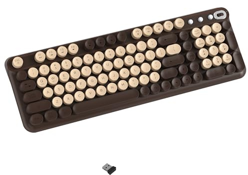 COVEVA Wireless Bluetooth Keyboard - Full Size Retro Round Typewriter Style Wireless Keyboard with 2.4GHz & Bluetooth Dual-Mode Compatibility for PC, Laptop, Windows, Mac, and More (Coffee)