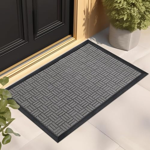 HZSANUE Front Doormats, Duty Durable Welcome Mat for Outdoor Indoor, Dirt Trapper Waterproof Super Absorbent Doormats for Entryway Outside Patio Porch, (Grey Pack of 1)