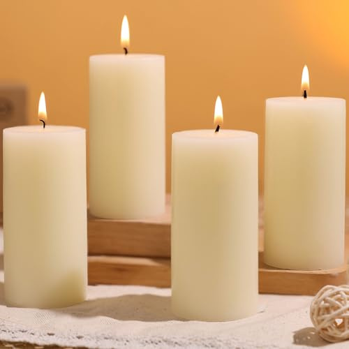UGBEM 4 Elfenbein Stumpenkerzen, Unparfümierte Säulenkerzen Ø 5 x 10 cm | 30 Stunden Lange Brenndauer Ohne Duft Kerzen für Kirche, Zuhause, Hochzeit, Partydekoration und Gastronomie