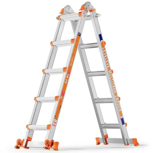 Échelle Polyvalente à 5 Niveaux,5,18 m, avec Tige stabilisatrice et Roues, capacité de Charge 150 kg, échelle de sécurité a pour échelles, Maison intérieure et extérieure, Toit