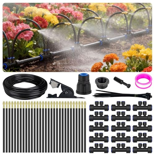 Drip Irrigation System 2 Ports - 360° Adjustable Garden Watering System 15m with 30 Nozzles, Drip Irrigation Kit for Garden, Yard, Lawn, Greenhouse, Plants, 12mm Hose