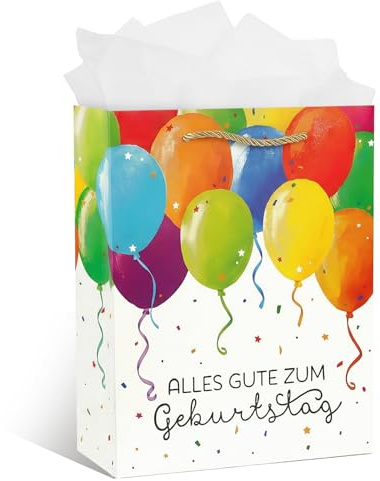COMOOKA Geschenktüte Geburtstag 25x21x10cm Groß Tüte Frau Mann Kindergeburtstag Geschenktasche mit Henkel Junge Mädchen Happy Birthday aus Papier mit Seidenpapier Bunt-Ballons