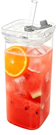 Vaso transparente con tapa, vasos de vidrio cuadrados, vaso de popote reutilizable, recipiente portátil para bebidas frías y calientes para leche, café, té, comedor de escritorio y reuniones de