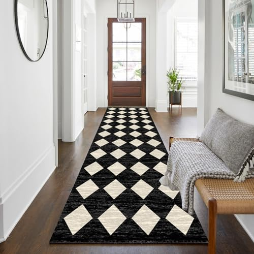 WTHYGB Teppichläufer 60 x 180 cm, rutschfest Waschbar | Küchenläufer mit Geometrie Design aus Polyester, 6mm Dicke für Flur, Eingang, Küche, Wohnzimmer & Büro, Schwarzweiß