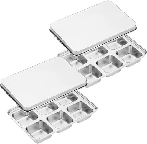 2PCS Eiswürfelform Groß Edelstahl, Stapelbar Eiswürfelformen & Eiswürfelschalen, Eiswürfelbehälter mit Deckel, 6-Fach Eiswürfel Form Ice Cube Tray, BPA Frei für Babybrei Cocktail Whiskey Obst