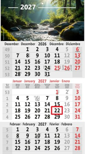 3-Monatskalender 2027 Büro Wandkalender 450x235mm mit Bild | Dreimonatskalender, Bürokalender, 450 x 235 mm, Jahresplaner 2027, Wandmontage
