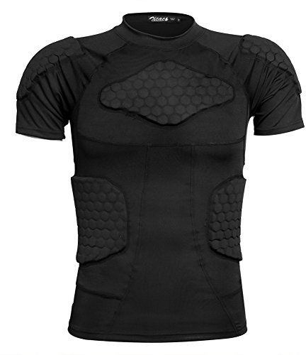 Zicac Mens Sports Padded Compression Tops Short Sleeve Shock Guard Protective Shirt Shoulder Rib Chest Protector for Outdoor Football Basketball Paintball Rugby Black