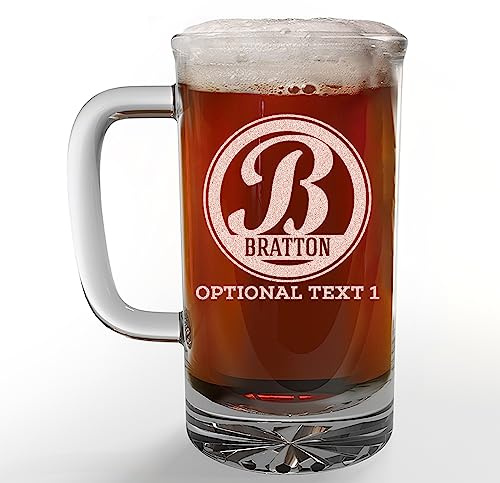 Personalised Etched 473ml Glass Beer Mug Stein Tankard, Custom Grandad Gifts, Customized Birthday Present for Men Him Dad Father, Engraved Birthday Decorations Decor - Bratton Monogram