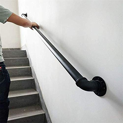 Rond Main Courante Fer forgé pour escalier, Balustrade Garde Corps terrasse, Rampe escalier extérieur intérieur Métal Noir, Support de Rail de Rampe Mural pour Enfant handicapé