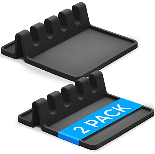 Silicone Spoon Rest for Stove Top with Drip Pad (Two Pack) - Heat Resistant, BPA Free Utensil Rest & Spoon Holder for Kitchen Counter - Grill Utensil Holder for Spatulas, Tongs, Ladles (Black)