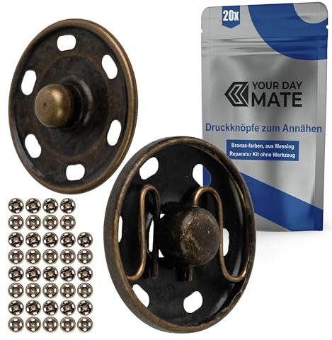 Druckknöpfe zum Annähen, Ø 17 mm aussen, 20 Paare, in Bronze, aus Messing, Druckknopf für Bekleidung, Bastelarbeiten, DIY Projekt, Reparatur Knöpfe Nähzubehör, Druck Knopf Nähen, Ersatz Metallknöpfe