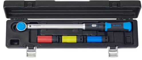 SW-Stahl 03879L Drehmomentschlüssel 1/2 Zoll, 40-200 Nm, 4-teilig | Profi Radschlüssel Set mit Radmutterneinsätzen 17-19-21 mm, Pilzkopf für Rechts- und Linksanzug, Chrom-Vanadium Stahl
