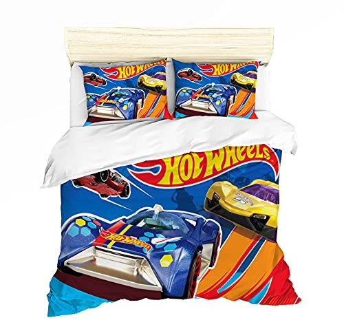 NICHIYOBI Hot Wheels Bettbezug Bettwäsche Set - Bettbezug und Kissenbezug,Mikrofaser,3D Digital Print dreiteiliger Bettwäsche (9,Single 135x200cm+80 * 80cm)