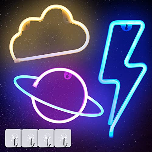 Neonljusskylt, 3 stycken blixt moln planet plats neonskylt batteri USB neonskylt neonskylt ljus för sovrum, lekrum, bar, fest, barnrum spelskylt