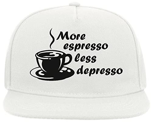 More Espresso Less Depresso Coffee Mug Casquette de Baseball à visière Plate Snapback à 5 Panneaux Blanc