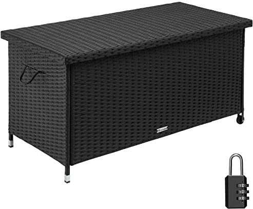 tectake® Poly Rattan Auflagenbox wetterfest, abschließbare Box mit Deckel, outdoor Aufbewahrungskiste mit Innentasche, Kissenbox 270L, rollbar, für Garten, Terrasse, Balkonmöbel - schwarz