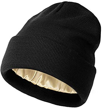 TOEECY Damen Beanie Mütze Warme Wintermütze mit Weichem Satin Gefütterte Slouchy Stretchy Strickmütze Schützen Frisur Feinstrick Mütze Winddicht Cuffed Plain Skull Hat Unisex (Schwarz)