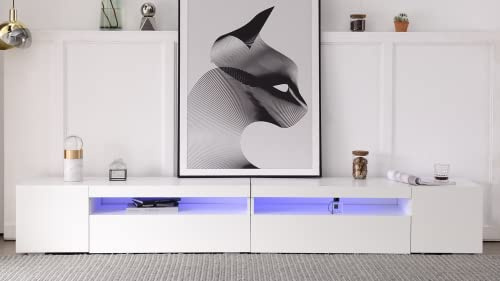 Merax TV Lowboard 240 cm Weißer, Moderner TV Schrank mit 2 Klappen und 2 Schließfach als Stauraum, helles Panel, Variable LED-Beleuchtung, für Wohnzimmer und Esszimmer, 240 x 39 x 35 cm