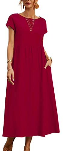 ORANDESIGNE Tunique Femme Coton Et Lin Manches Courtes Chic Et Elegant Robe Longue Swing Plage Boho Ample Tee Shirt avec Poche Grande Taille Décontractée été
