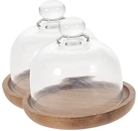 Cabilock 2 Set Vassoio in in Legno Massello Supporto Per Torta Cloche Da Dessert Con Base Cupola Di Formaggio Con Base Vassoio Portata in Lucite Cupola Di Cibo Bicchiere Mini