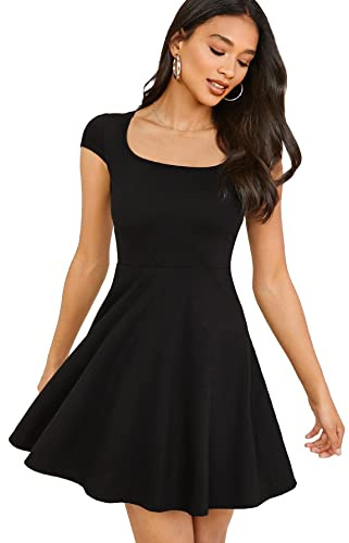 GORGLITTER Women's Scoop Neck Skater Mini Dress Flowy Short Dresses Black