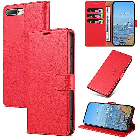 KKEIKO Hülle Kompatibel mit iPhone 8 Plus/iPhone 7 Plus, Magnet Klappbar Handyhülle mit Kartenfach, PU Leder Stoßfest Schutzhülle für iPhone 8 Plus/iPhone 7 Plus, Rot