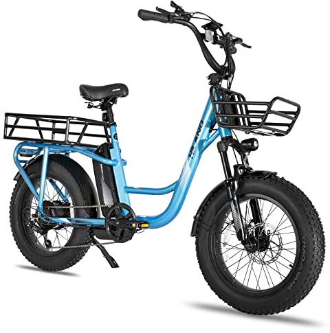 HILAND 20 Zoll Fat Tire Cargo E-Bike für Erwachsene, Leichter Aluminiumrahmen Elektrofahrrad, Shimano 7 Gänge mit Federgabel Ebike Blau