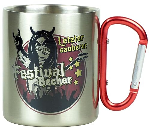 Fördeblau Heavy Metal Festival Edelstahltasse doppelwandig - Letzter sauberer Festivalbecher mit Karabiner - Bunter Aufdruck, 330ml