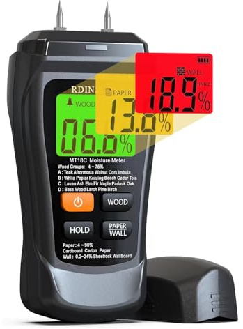 RDINSCOS Pin-Type Moisture Meter with 3 Color Display Alert, Wood Damp Meter Detector Support ABCD Wood Scale, Auto Shut-Off with Paper/Wall Mode for Firewood, Timber, Lumber & Building Walls