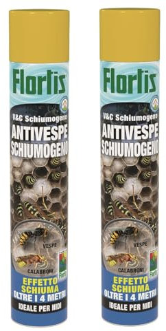 Flortis Set 2 unità di antivespe schiumogeno. Schiuma calabroni e vespa. Insetticida per vespe e calabroni. Ideale per nidi. Erogazione lunga gittata oltre 4m. Anti vespe da esterno e interno 750ml.