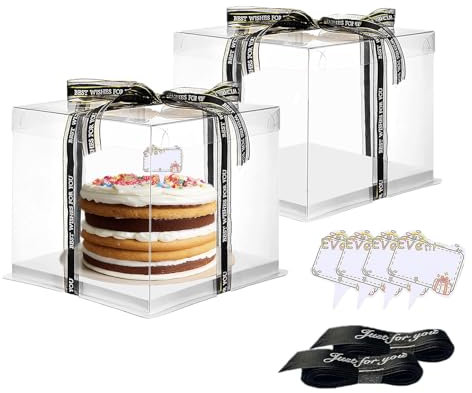 Vebetter 2pcs Boite a Gateau Transparente Boite Layer Cake 6 inch Boite de Transport Gateau 22 x 22cm Réutilisable Boîte à Gâteaux en Plastique avec Ruban pour Gateau et Présentoir à Dessert.