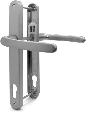 TSS Silver UPVC Door Handle Pair Set, 117mm PZ (Centres), Sprung, Lever Lever, 237mm Screw To Screw (screw centres), Backplate 267mm x 32mm - Replacement PVC Door Handle in Silver, Suits Millenco 117m