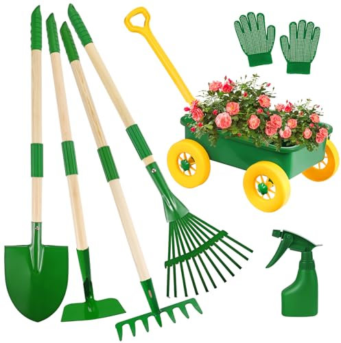 Duckura Kids Wheelbarrow Set, Kids Gardening Tools Set with Real Shovel, Rake, Hoe and Leaf Rake for Outdoor Backyard Play, Educational Toys Birthday Gift for Toddler Boys & Girls Ages 3 4 5