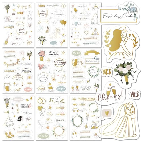 BIROYAL 9 Blätter Sticker Hochzeit Gästebuch, 160+ Liebe Aufkleber Hochzeit | Hochzeitsdeko Sticker Set für Fotoalbum Scrapbook, Klebestärke, Leicht abziehbar, Hochzeitsgeschenke für brautpaar
