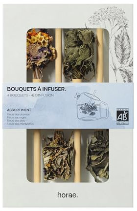 Horae - Coffret cadeau de 4 bouquets de fleurs à infuser - Fleurs séchées à infuser dans l'eau pour créer des infusions bio - Fleurs de thé - Idée cadeau femme