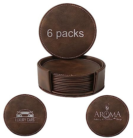 Creatorally Leder-Untersetzer mit Halter, personalisierbar, 6 Stück, 10 cm, runde Getränkeuntersetzer mit Halter, dunkelbraun