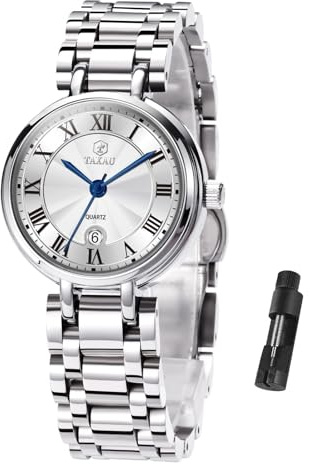 Taxau Silver Women Watch Fashion Stainless Steel Waterproof Watches for Women White Face Luxury Analog Womens Wrist Watch Quartz Classic Day Date Ladies Watches