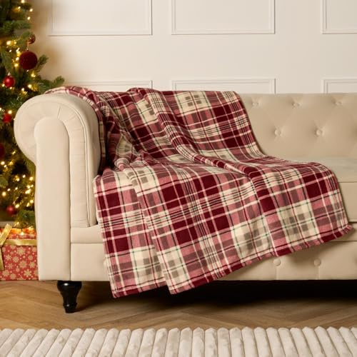 OHS Christmas Blanket Red Throws for Sofa, Xmas Decorations Ultra Soft Warm Tartan Check Sherpa Fleece Blanket for Bed Settee Sherpa Reverse Christmas Throw Single Bed Throws, 125 x 150cm