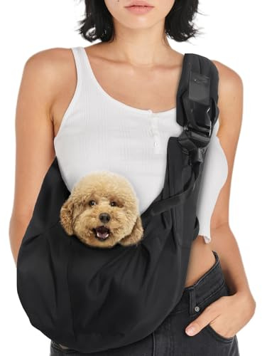 Avont Bandolera para Perro Pequeño y Gatos Menores de 7 kg, Transportadora Cruzada Sin Manos con Correa Ajustable y Acolchonada, Bolsillo Extra, Bolsa Segura y Suave para Paseos y Salidas-Negro